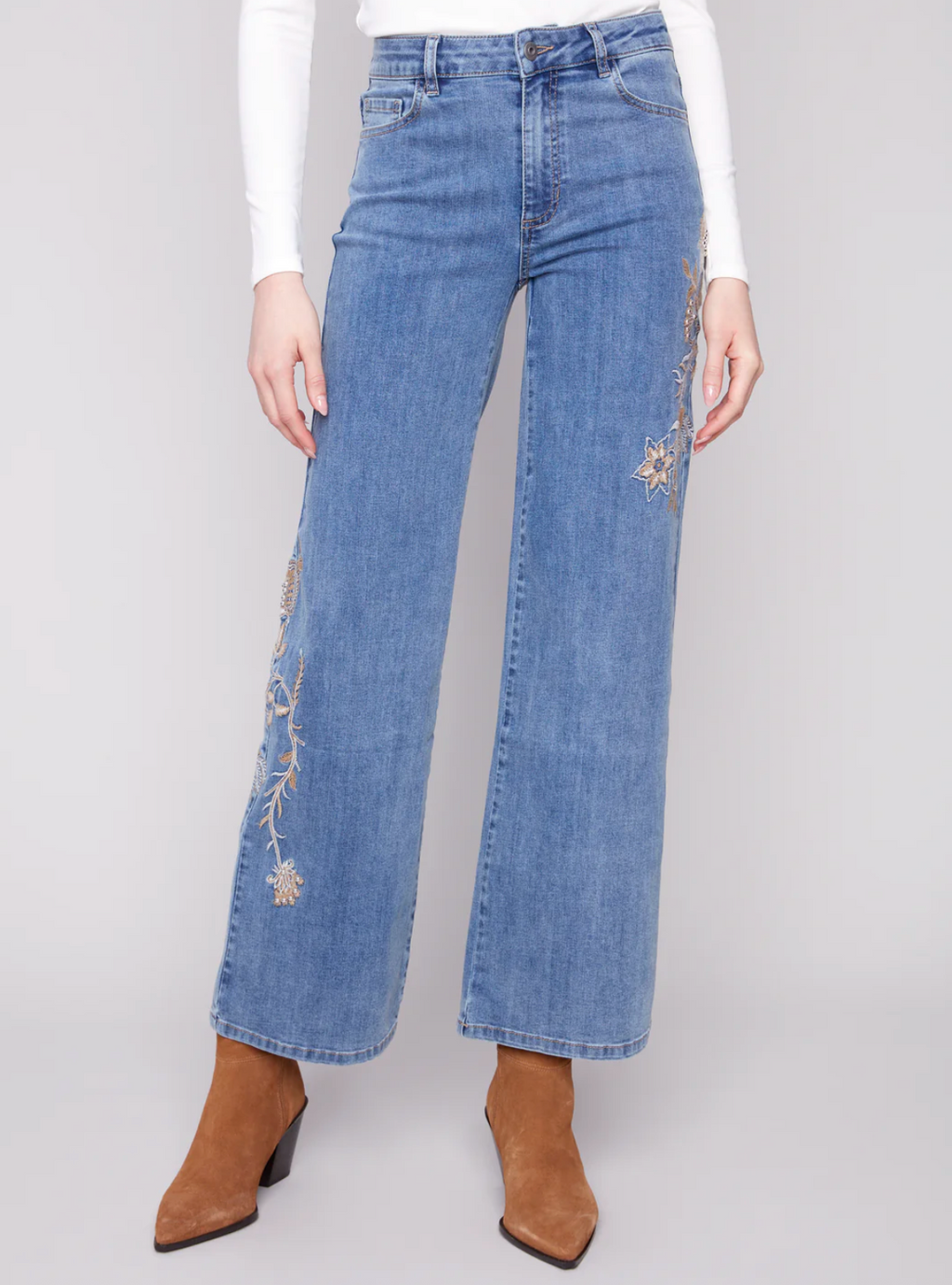 Medium Blue Flower & Sequin Wide Leg Jean