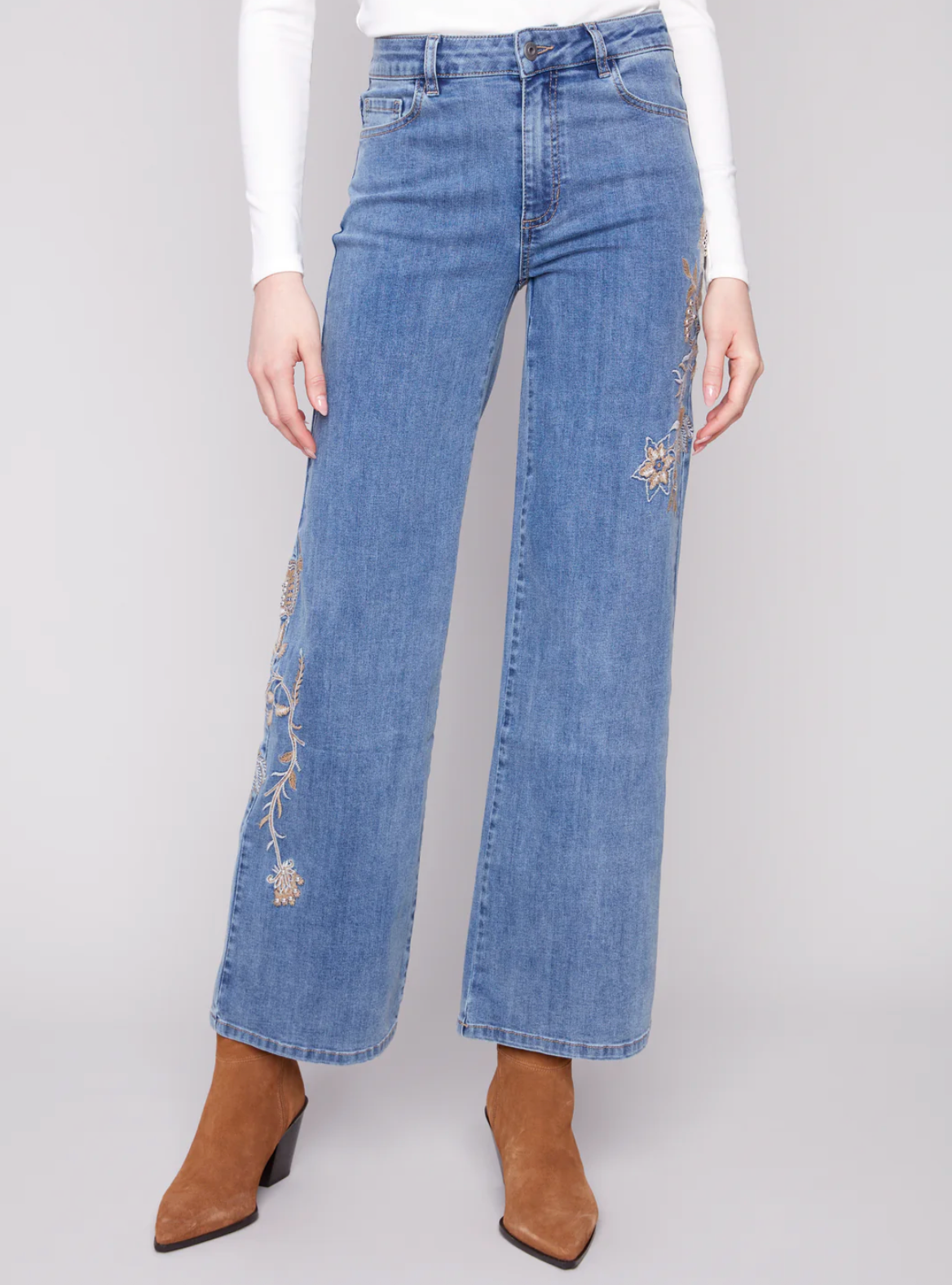 Medium Blue Flower & Sequin Wide Leg Jean