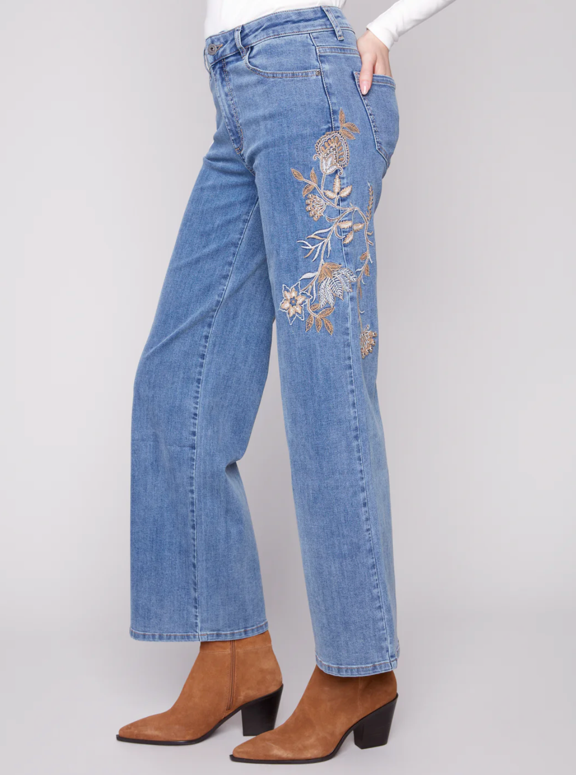 Medium Blue Flower & Sequin Wide Leg Jean