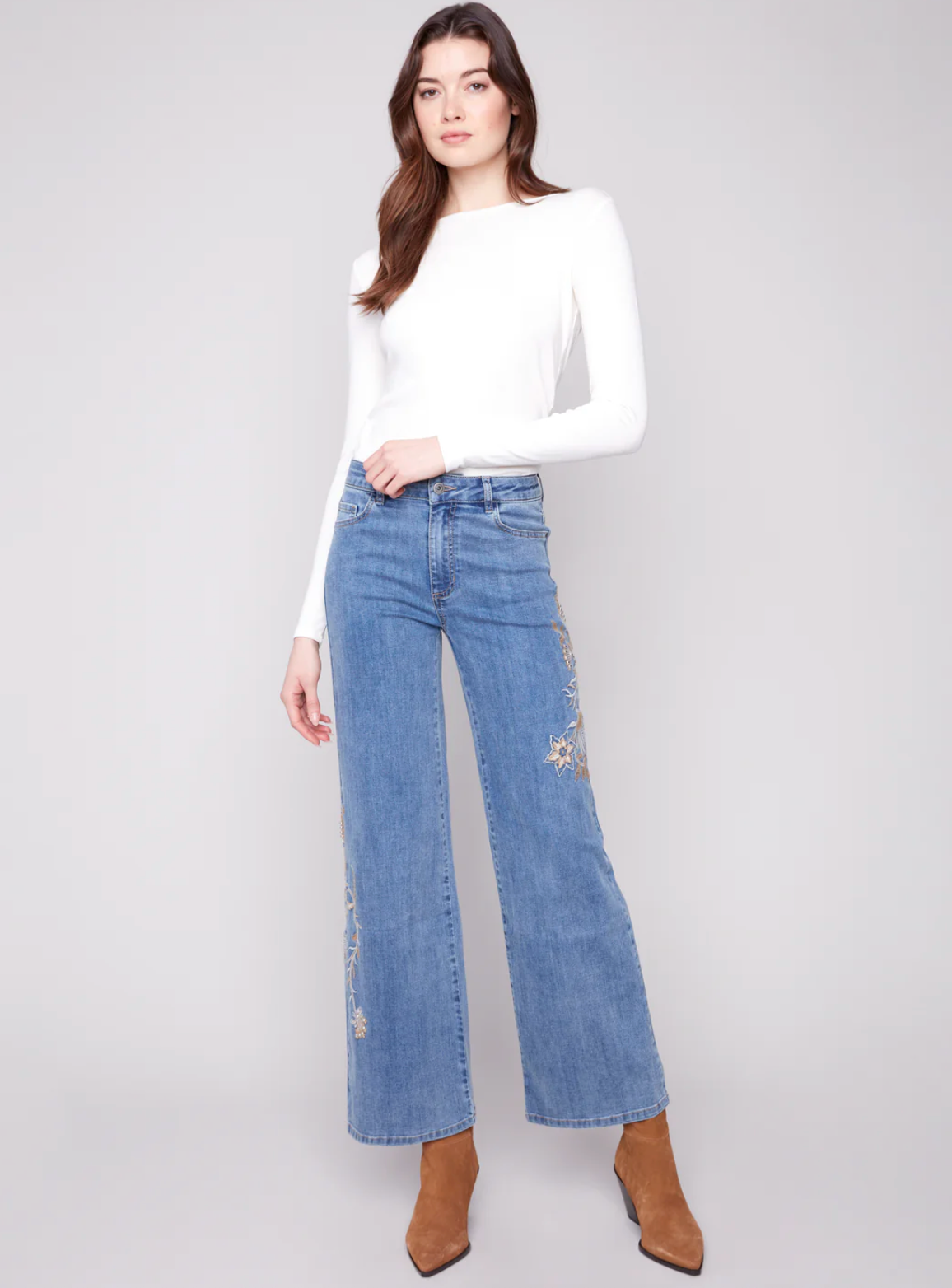 Medium Blue Flower & Sequin Wide Leg Jean